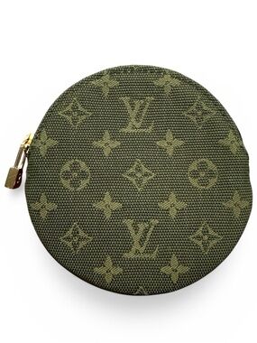 Louis Vuitton Mini Lin Olive Green Canvas & Brown Leather Round Coin Pouch
